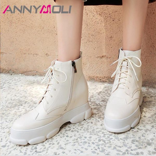 

annymoli winter ankle boots women lace up height increasing high heel short boots zipper round toe shoes female fall size 34-43, Black