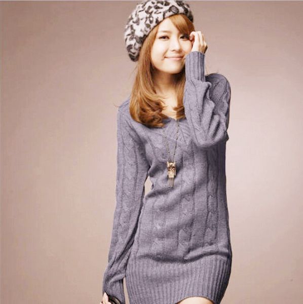 

vipkorean autumn and winter new style twist braid v-neck medium length sweater, White;black