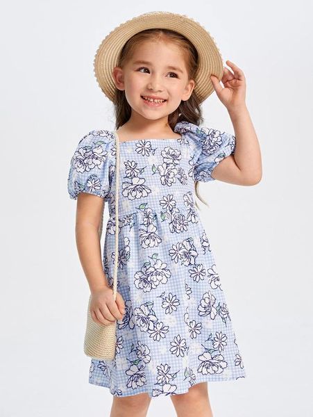 

toddler girls floral print puff sleeve a-line dress she, Red;yellow
