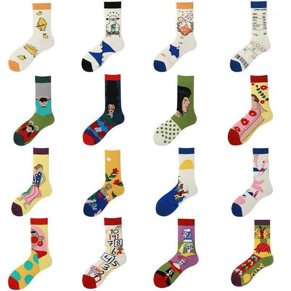 

17 colors men's happy funny socks street hip hop creative abstract jacquard pattern women's medium tube socks1, Black