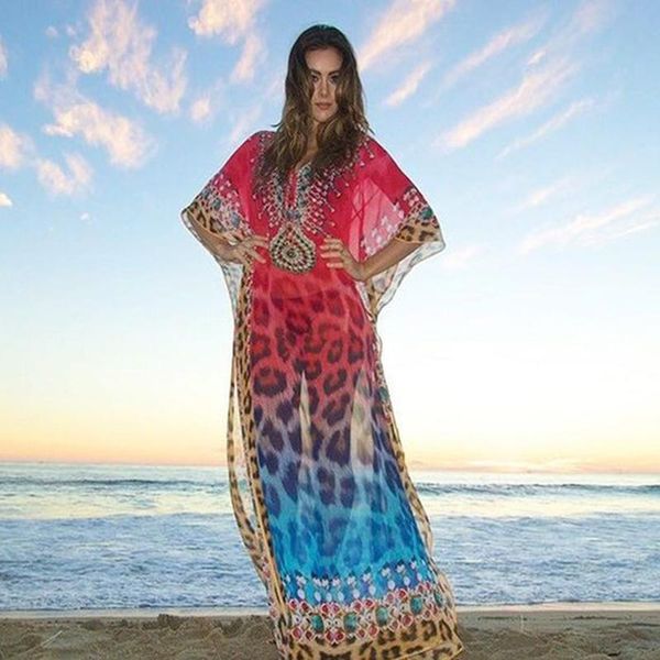 

women's swimwear 2021 bikini cover-ups red bohemian leopard printed summer beach dress chiffon tunic women wear swim suit cover up, White;black