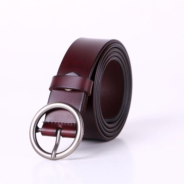 

2020 design ladies skinny belt with classic round buckle women's fashion strap quality female cowhide belts for jeans dress, Black;brown