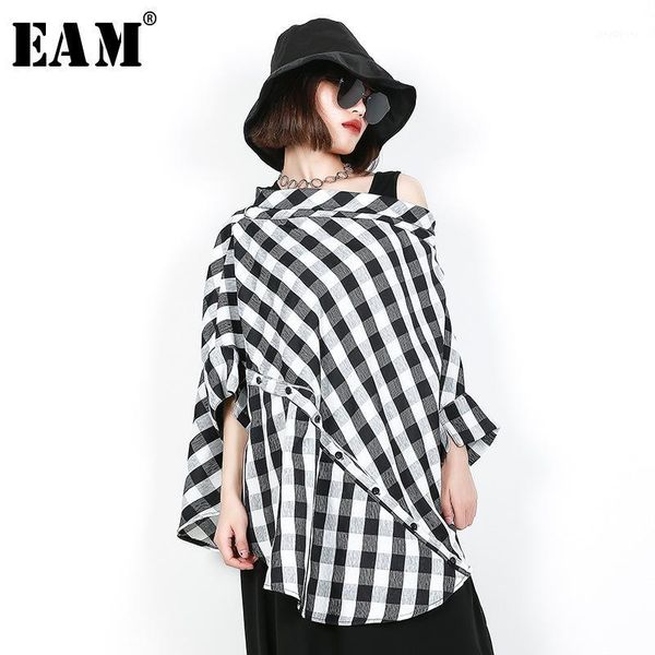

eam] 2020 new spring summer slash neck three-quarter sleeve black plaid split joint big size shirt women blouse fashion jf6081, White