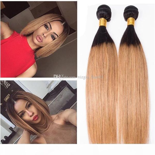 

grade 8a brazilian honey blonde virgin hair weaves two tone 1b 27 honey blonde dark root ombre human hair extensions 3 straight bundles, Black;brown