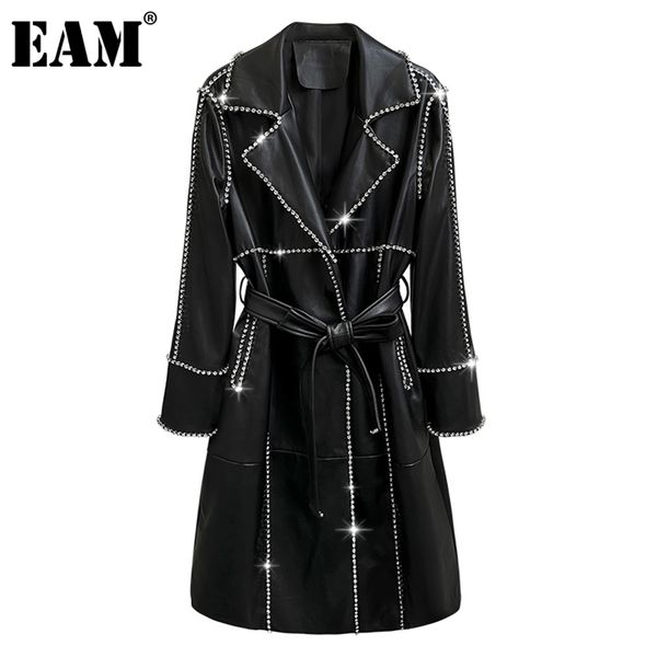 

[eam] women black pu leather rhinestones trench new lapel long sleeve loose fit windbreaker fashion spring autumn 1db703 201031, Tan;black