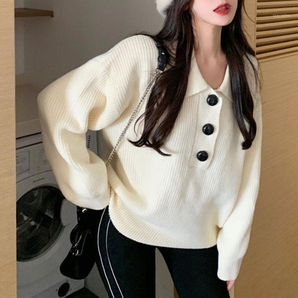 

sweater japanese autumn winter fashion loose lazy button decoration lapel long sleeve knitted 2020 new women's clothes1, White;black