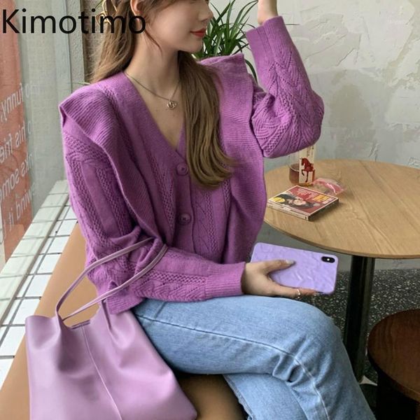 

kimotimo knitted cardigan coat sweater women purple v neck retro ruffled sweet jumper korean elegant casual sweater outfit1, White