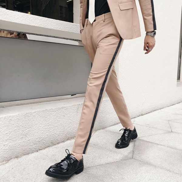 

pantalon homme slim fit side stripe trousers calcas sociais formal mens suit pants tight vestido hombre office elegant pants men1, Black