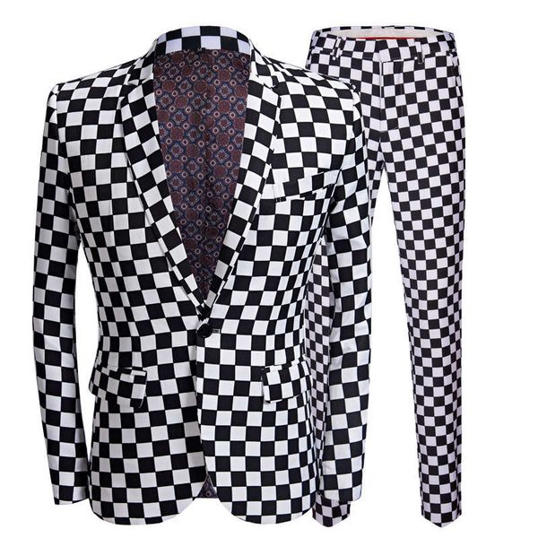 

black and white plaid printed dress men's casual coat host hair stylist flower suit, White;black