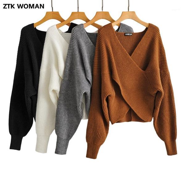 

ztk women sweater 2021 new spring fashion with v-neck solid long sleeve oversize pullover femme casual brown knitted, White;black