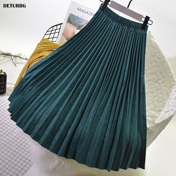 

womens elegant suede pleated midi skirt female high-quality elastic high waist thick warm skirts saias autumn winter sk394 y200326, Black