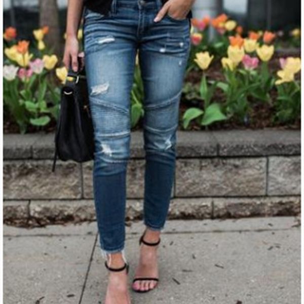 

slim fringes pleated hole stretch leggings jeans girl, Blue