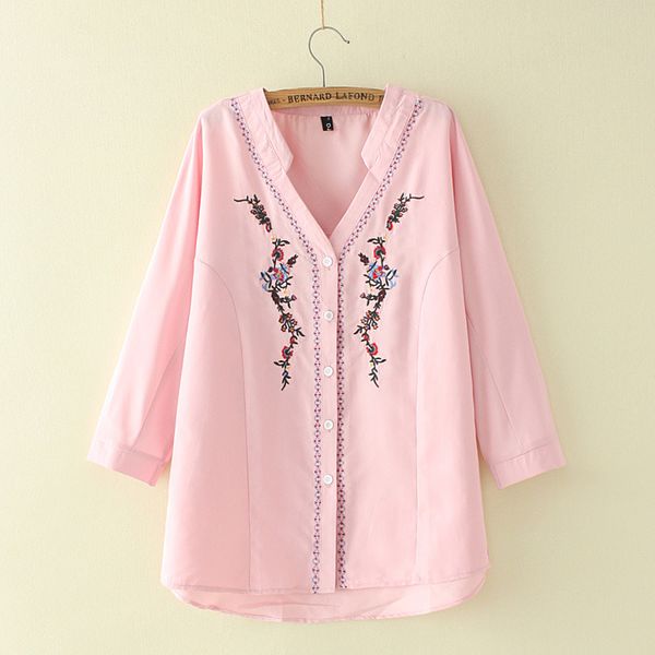 

pink size plus white xl-4xl 3/4 blouse officewear floral embroidered elegant o4hb