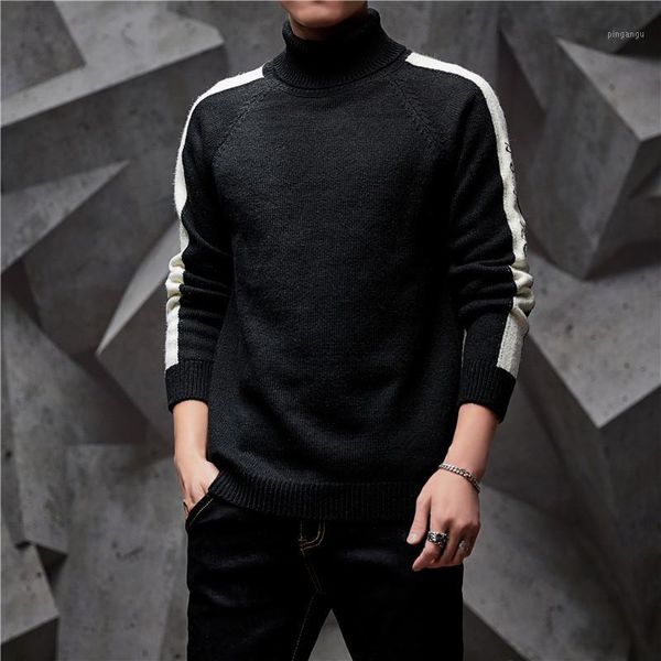 

autumn winter mens sweater patchwork embroidery male sweaters turtleneck keep warm comfortable long sleeve male sweaters1, White;black