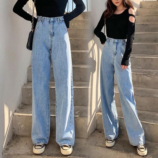 

straight jeans women's high waist denim trousers solid color straight baggy jeans multi-button fashion streetwear, Blue