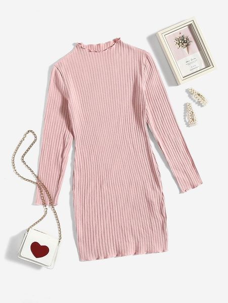 

girls lettuce trim rib-knit fitted dress she, Red;yellow