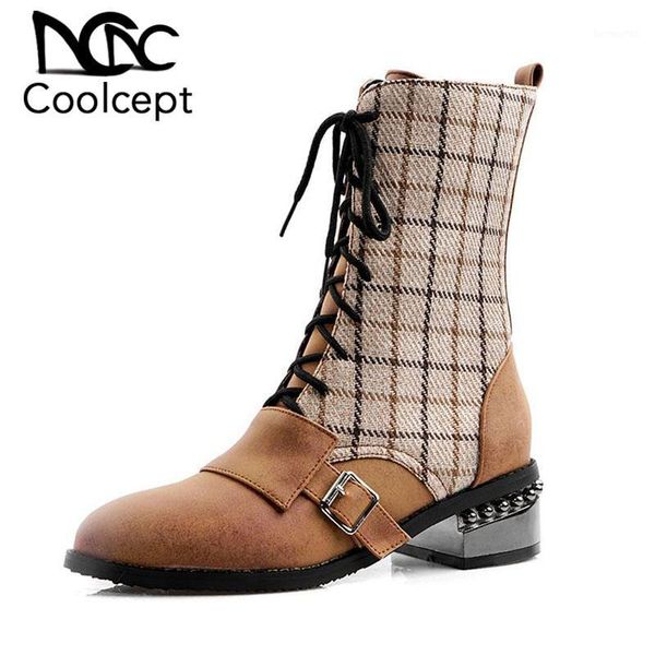

boots coolcept women size 32-48 retro punk fashion autumn winter mid calf cross strap square heels shoes woman daily footwear1, Black