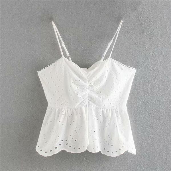 

2020 women v neck hollow out embroidery white sling blouse female back bow tied ruffles shirts chic spaghetti strap ls6633