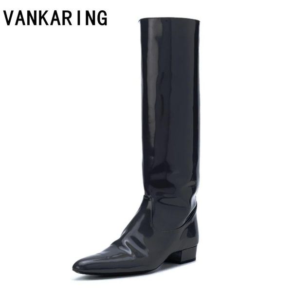 

boots brand shoes autumn winter red black patent leather knee high women thick heel square toe dress motorcycle boot