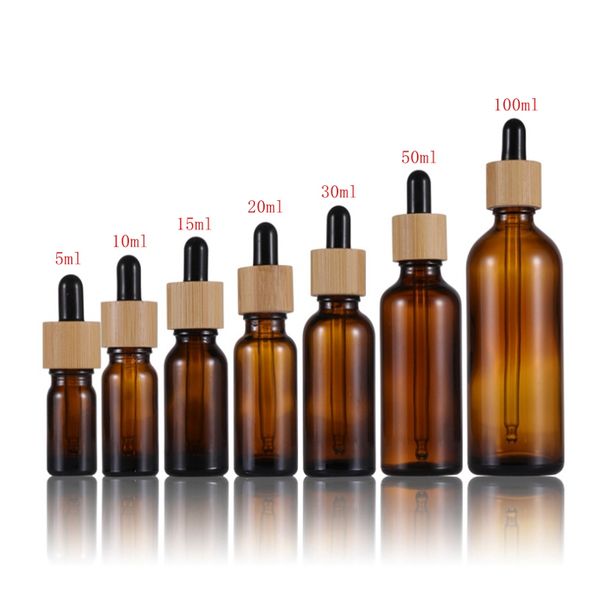 100 pçs / lote 5ml 10ml 15ml 20ml 30ml 50ml 100 ml de vidro vazio gotas de vidro de vidro essencial tampão de bambu recarregável gota liquid garrafas