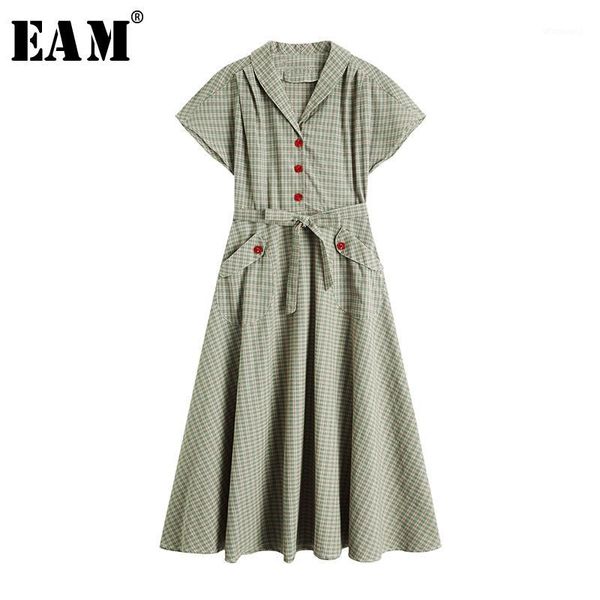 

eam] women green plaid stitch bandage midi shirt dress new lapel short sleeve loose fit fashion tide spring summer 2020 1w1461, Black;gray