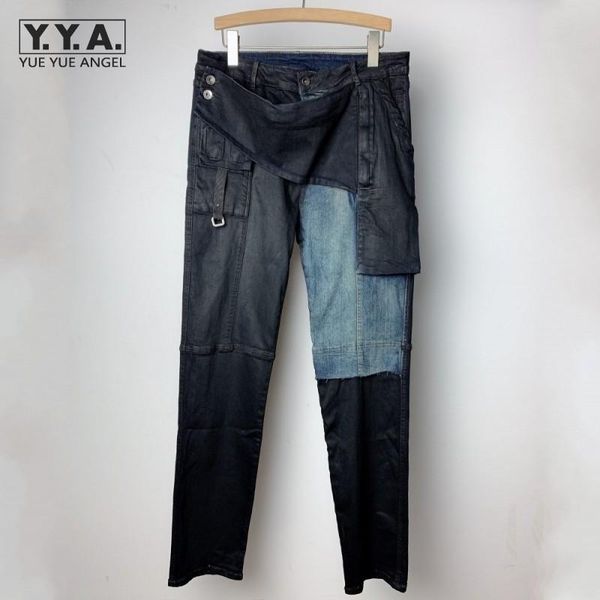 

gothic mens casual trousers personality patchwork denim pants panelled design fashion multiple pockets cotton straight pants, Black