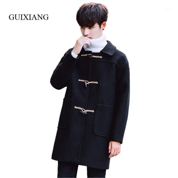 

men's wool & blends 2021 autumn and winter style men woolen overcoat fashion leisure loose solid horn button men's long trench coa, Black