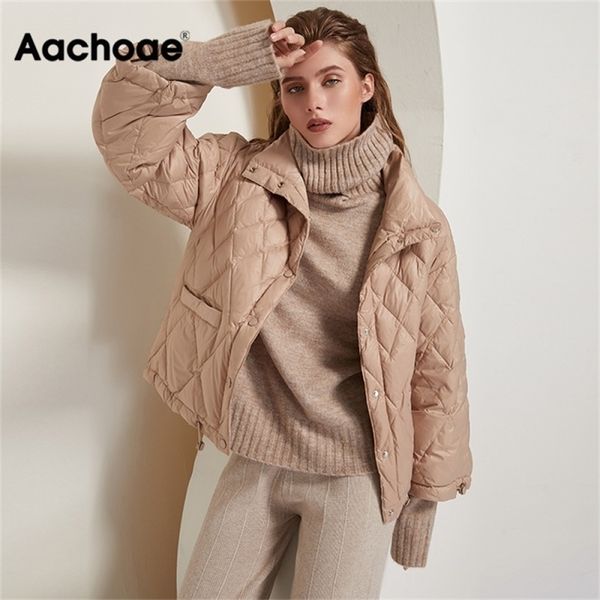 

aachoae casual solid women 90% white duck down jacket batwing sleeve loose pocket coat stand collar warm outwear ropa mujer 201110, Black