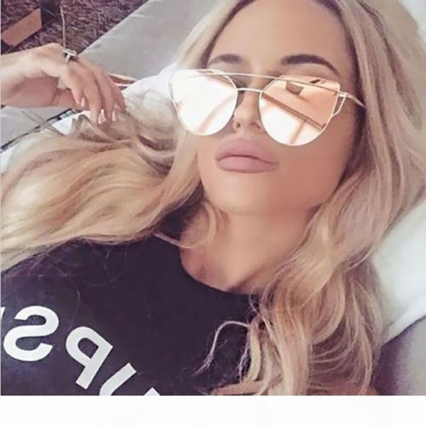 

womens vintage cat eye sunglasses brand designer sun glasses pink rose mirror metal frame reflective flat lens eyewear oculos, White;black