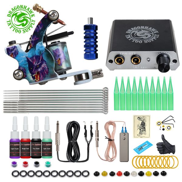 

beginner tattoo kit with usa brand ink one machine complete power ply dragonhawk art pigment