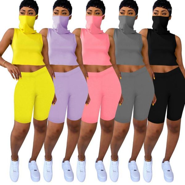 

2020 summer women two pieces set tracksuits fitness masks +shorts suits night joggers sporty sleeveless outfits gl40181, Gray