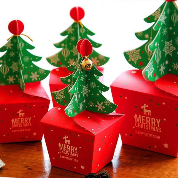 

12pcs xmas tree paper box 3d cartoon christmas folding candy pastry gift new year festival strap bell packing holders