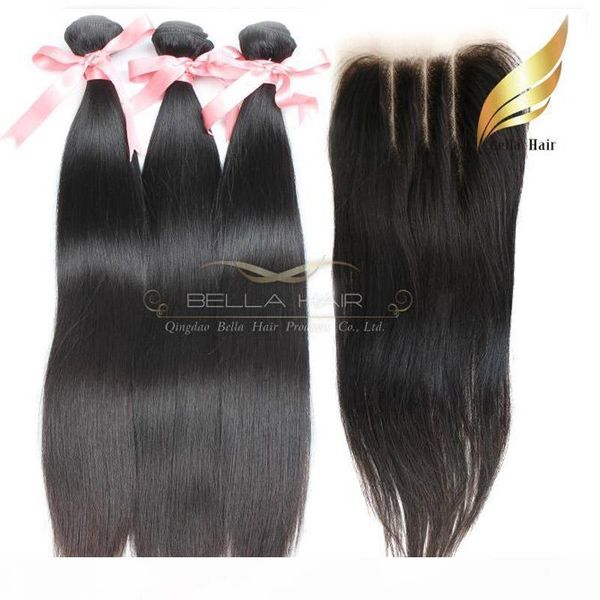 

peruvian virgin human hair wefts with lace closure 3 part silky straight natural color 8-34 inch bellahair, Black