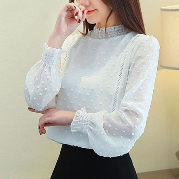 

ablouse women 2020 ladies long sleeve solid white shirts for women stand polka dot embroidery chiffon blouse 5401 501