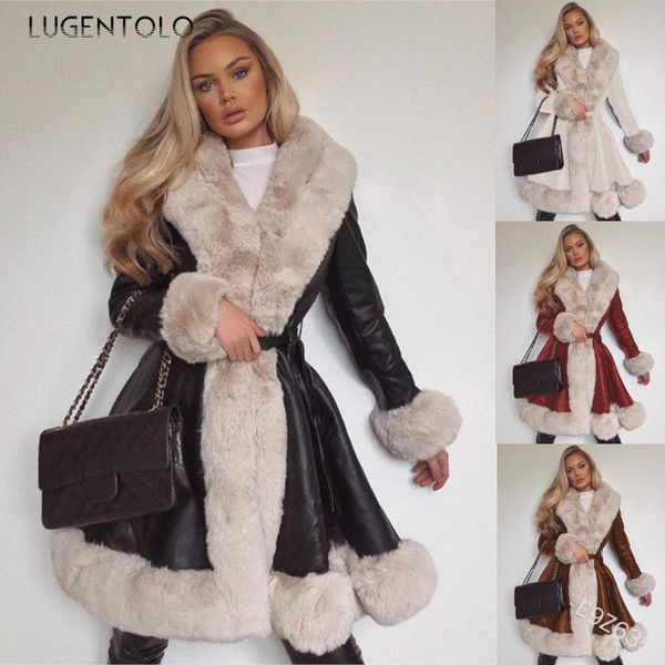 

lugentolo women faux fur coat winter integrated warm lady fur coats lotus leaf lacing casual fashion faux plus size, Black