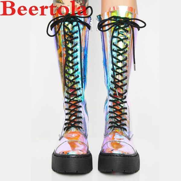 

pvc reflective colors women's boots mid-calf platform zip dress boots women large size stage performance round toe botas mujer1, Black