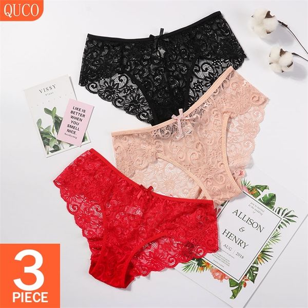 QUCO Marca 3 Pz / lotto Mutandine a rete Set Intimo Donna Lingerie sexy da donna Trasparente Calcinha Calzoni senza cuciture Slip in pizzo 201112