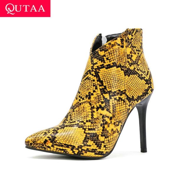 

boots qutaa 2021 pointed toe zipper ladies pumps thin high heel women shoes autumn winter snakeskin pu ankle big size 34-43, Black