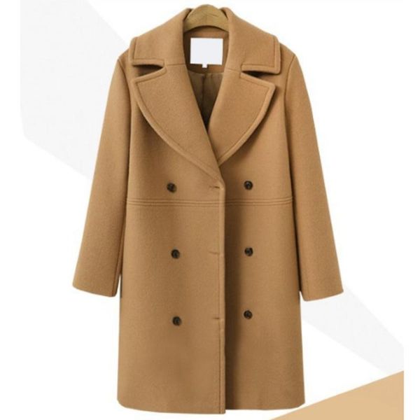 

cotton woolen coat women leisure double breasted medium long plus size winter windbreaker elegant office lady jacket coat female, Black