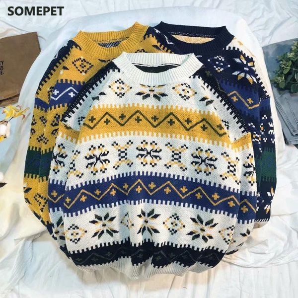 

sweater men's street clothing retro pattern hip hop autumn and winter new pullover oversized couple casual sweater men1, White;black