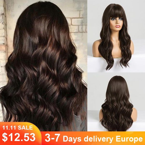 

long dark brown women's wigs with bangs water wave heat resistant synthetic wigs for black women african american hair