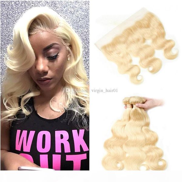

blonde body wave lace frontal with bundles peruvian virgin human hair extension with lace frontal closure human hair weaves 4pcs lot, Black;brown