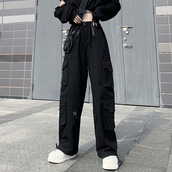 

cargo pants women black straight wide leg pants korean ins loose high casual long capris streetwear trousers female hipster new1, Black;white