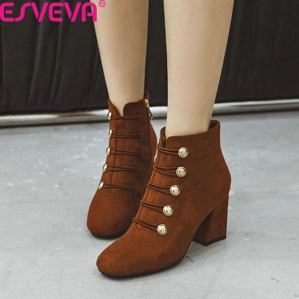 

esveva 2020 elastic band square high heel casual ankle boots autumn winter square toe flock zipper women shoes big size 34-43, Black