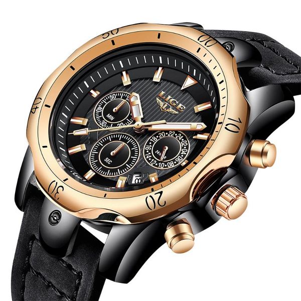 

relogio masculino lige mens watches watch men leather clock waterproof sports chronograph wristwatches, Slivery;brown