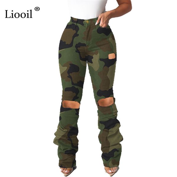 

liooil camouflage high waist ripped stacked jeans for women 2021 streetwear skinny trousers womens hole denim long pants y1214, Blue