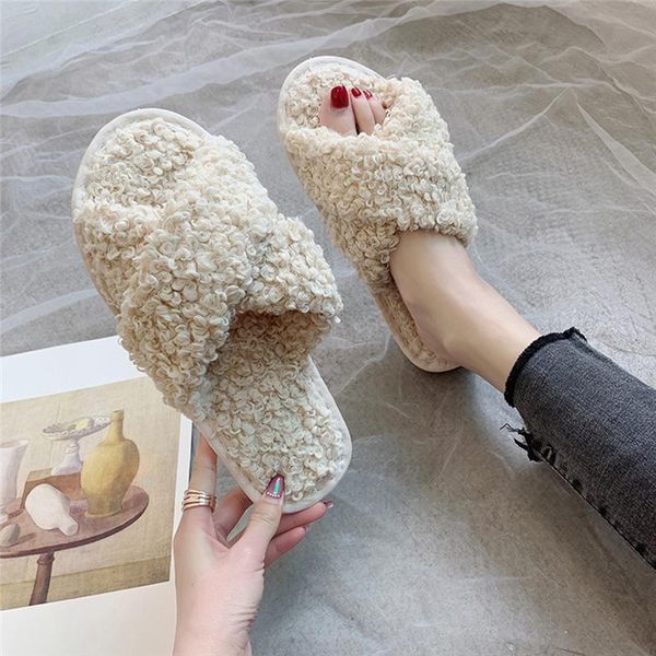 

fleeces women slippers fashion cross shape warm shoes woman slip on flats female slides indoor shoes, Black