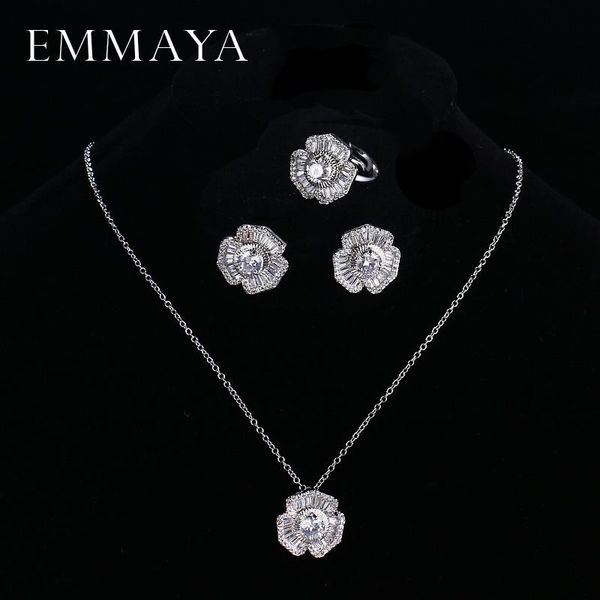 

emmaya micro inlay zircon flower jewelry sets for women gold-color copper necklace earrings ring set wedding bijoux, Silver