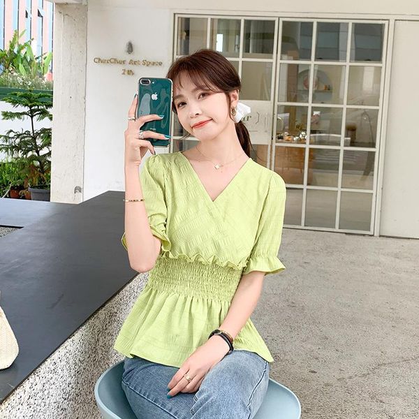 

summer v-neck women shirt vintage short sleeve chiffon shirt blouse korea fashion elastic waist lady blouses blusa mujer1, White