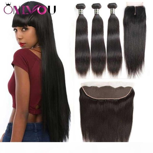 

onlyou hair 9a brazilian virgin hair straight bundles with closure 100% remy human hair weave 3 4 bundles with 13*4 lace frontal closure, Black;brown